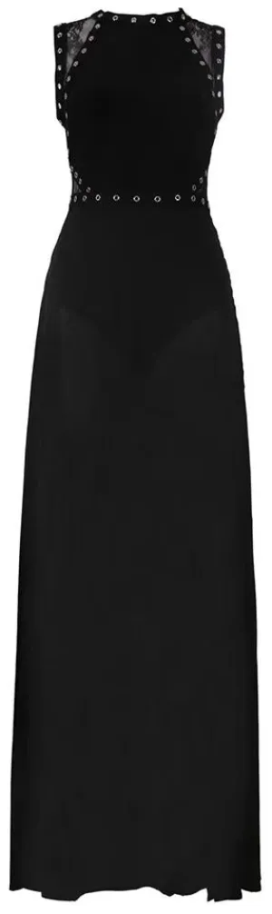 Long Black Sheer Gown with Lace Detail