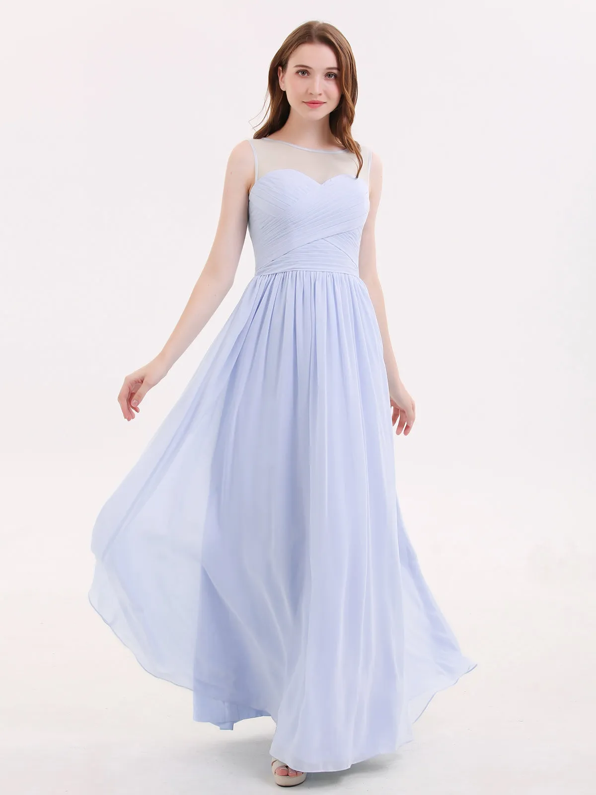 Long Chiffon Gowns with Illusion Neckline-Lavender
