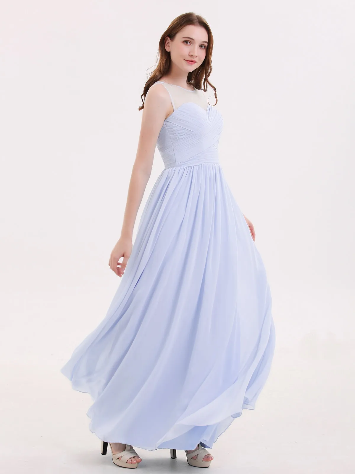 Long Chiffon Gowns with Illusion Neckline-Lavender