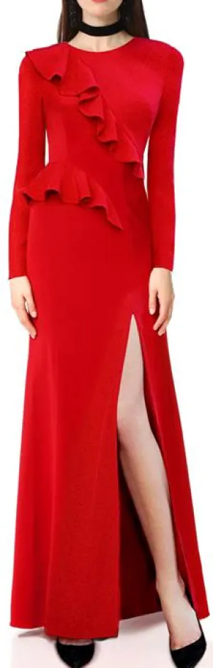 Long Red Ruffle Gown