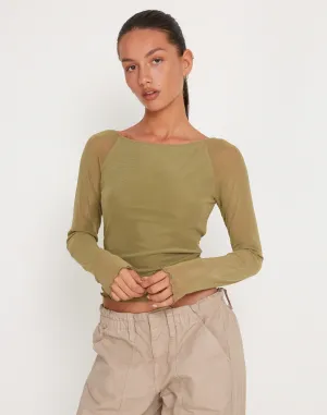 Mahira Long Sleeve Mesh Top in Olive