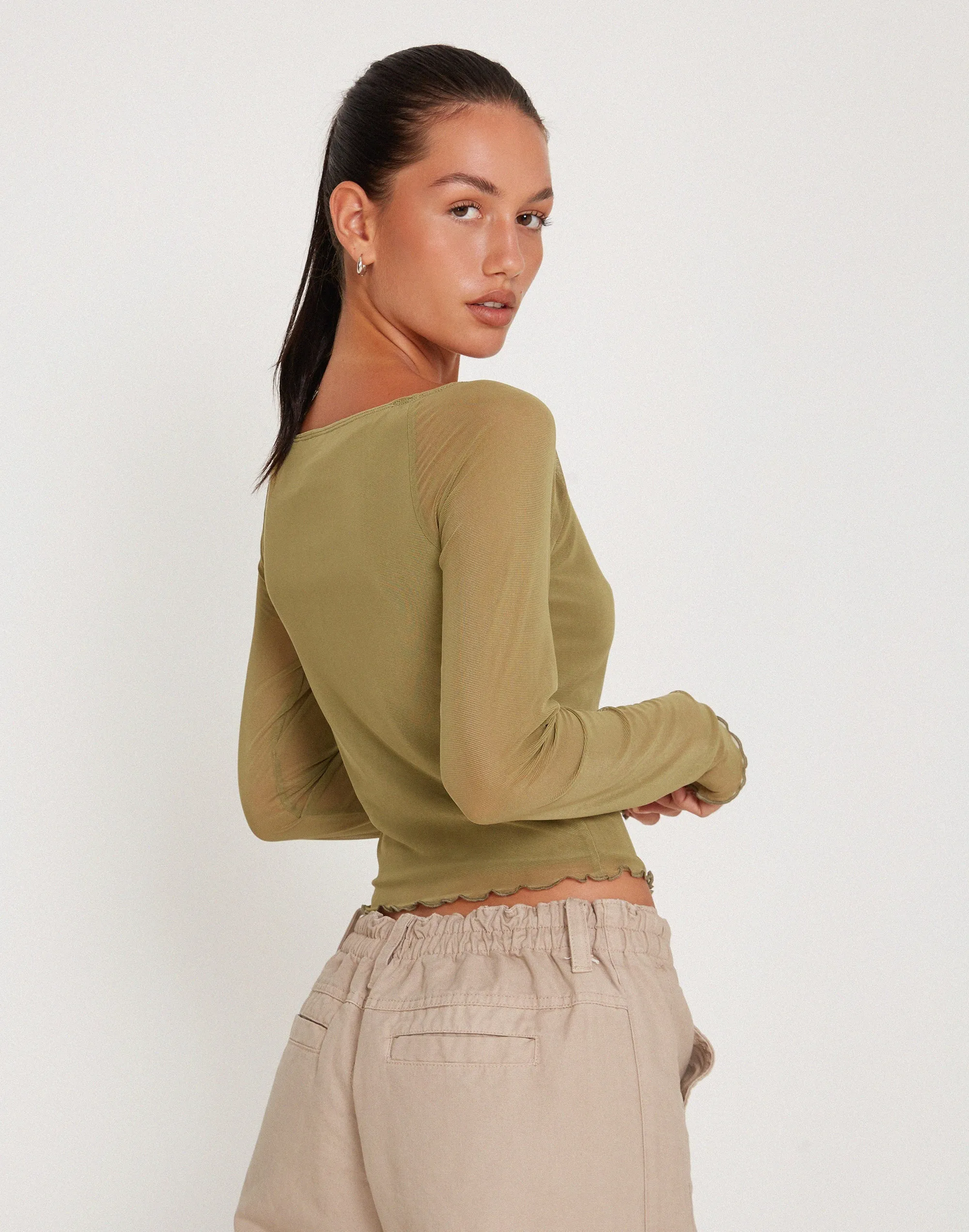 Mahira Long Sleeve Mesh Top in Olive