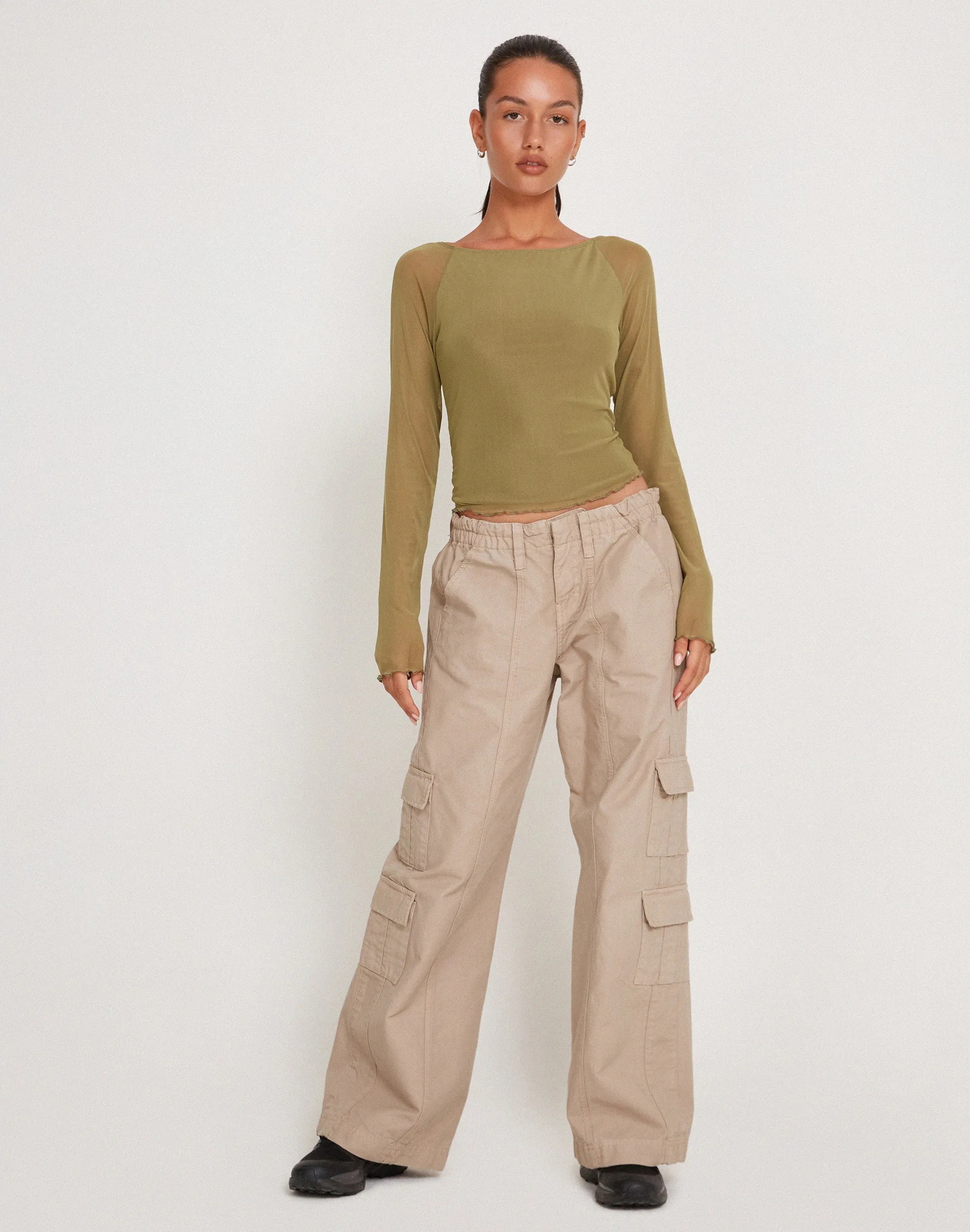 Mahira Long Sleeve Mesh Top in Olive