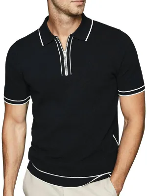 Men's Contrast Color Zipper Short Sleeve Polo Shirt