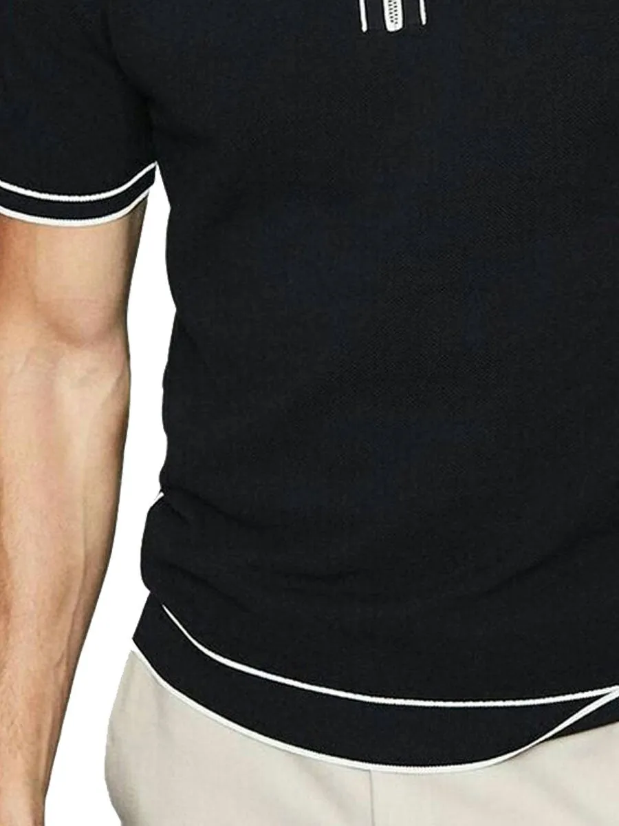 Men's Contrast Color Zipper Short Sleeve Polo Shirt