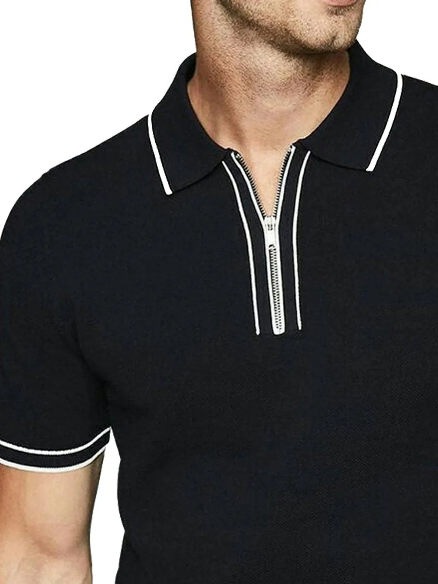 Men's Contrast Color Zipper Short Sleeve Polo Shirt