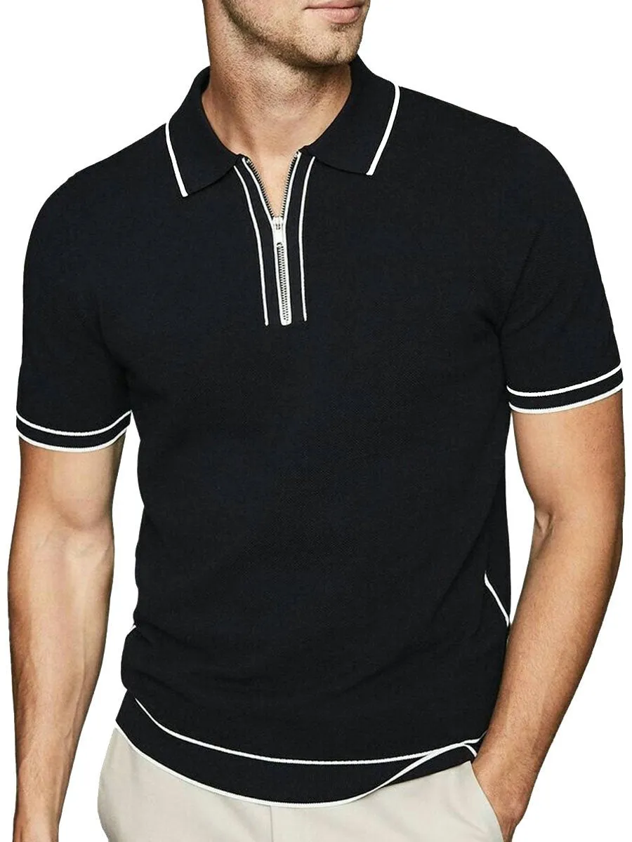 Men's Contrast Color Zipper Short Sleeve Polo Shirt