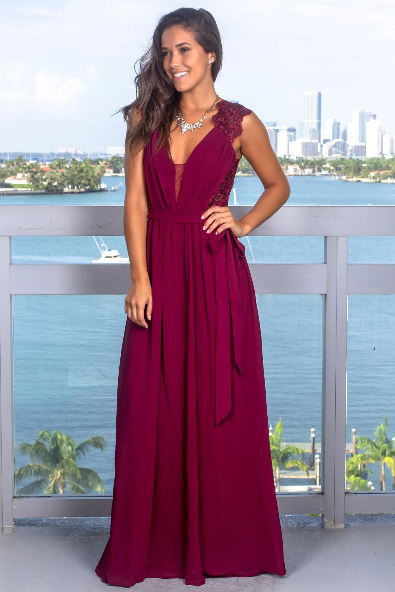 Merlot Maxi Dress with Open Embroidered Back Detail