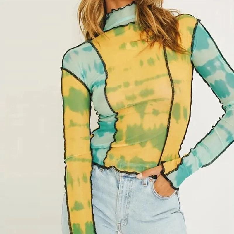Multicolor Sheer Mesh Going out tops for women long sleeve shirt funky 90s trendy colorful see through