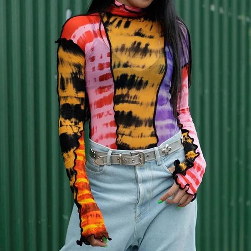 Multicolor Sheer Mesh Going out tops for women long sleeve shirt funky 90s trendy colorful see through