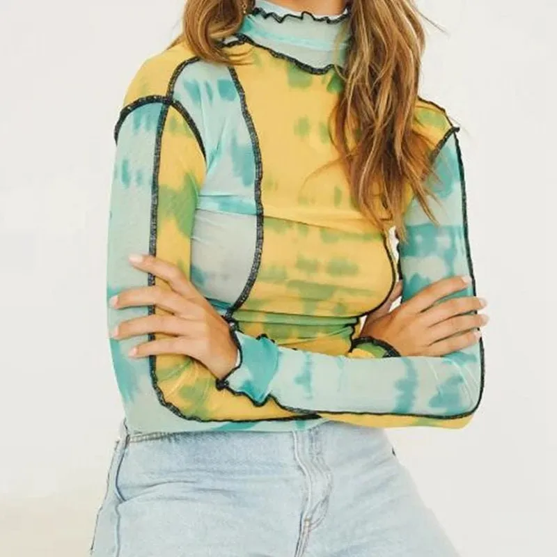 Multicolor Sheer Mesh Going out tops for women long sleeve shirt funky 90s trendy colorful see through