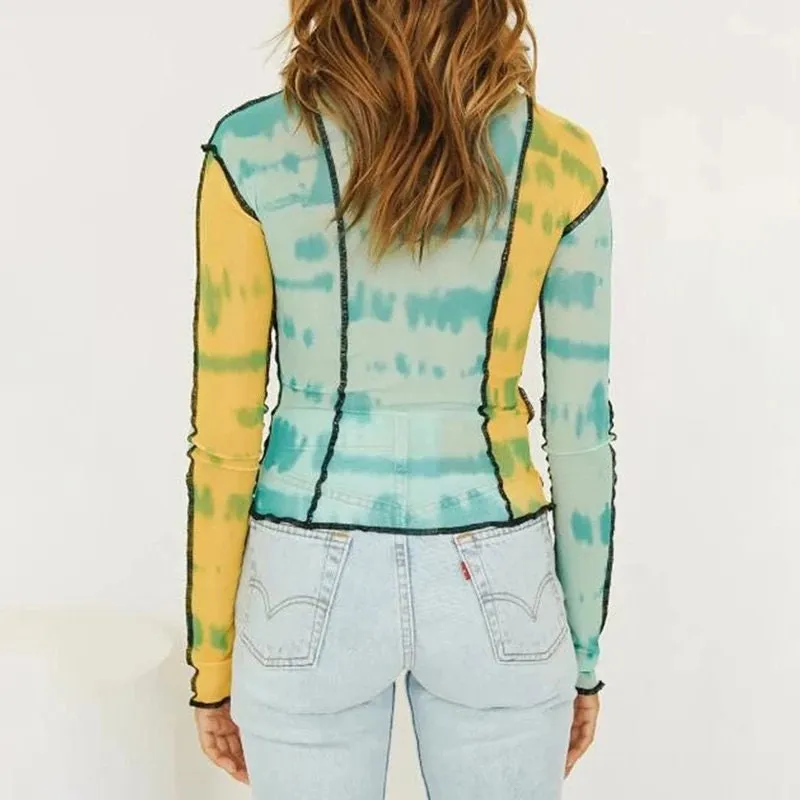 Multicolor Sheer Mesh Going out tops for women long sleeve shirt funky 90s trendy colorful see through