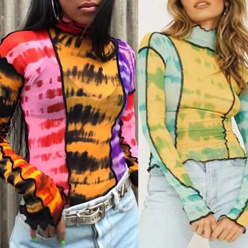 Multicolor Sheer Mesh Going out tops for women long sleeve shirt funky 90s trendy colorful see through