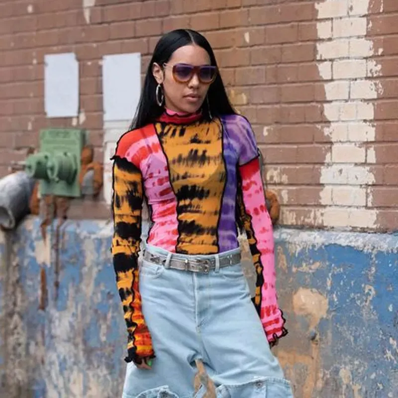 Multicolor Sheer Mesh Going out tops for women long sleeve shirt funky 90s trendy colorful see through