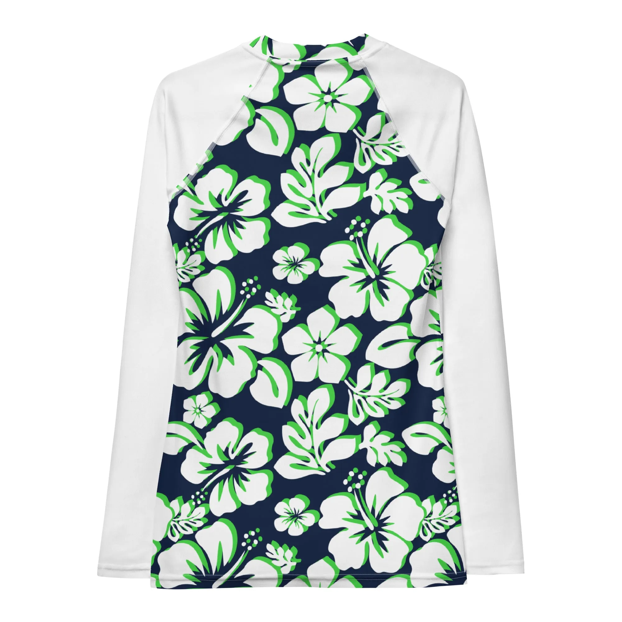 Navy Blue, Lime Green and White Hawaiian Print Women's Rash Guard with White Sleeves