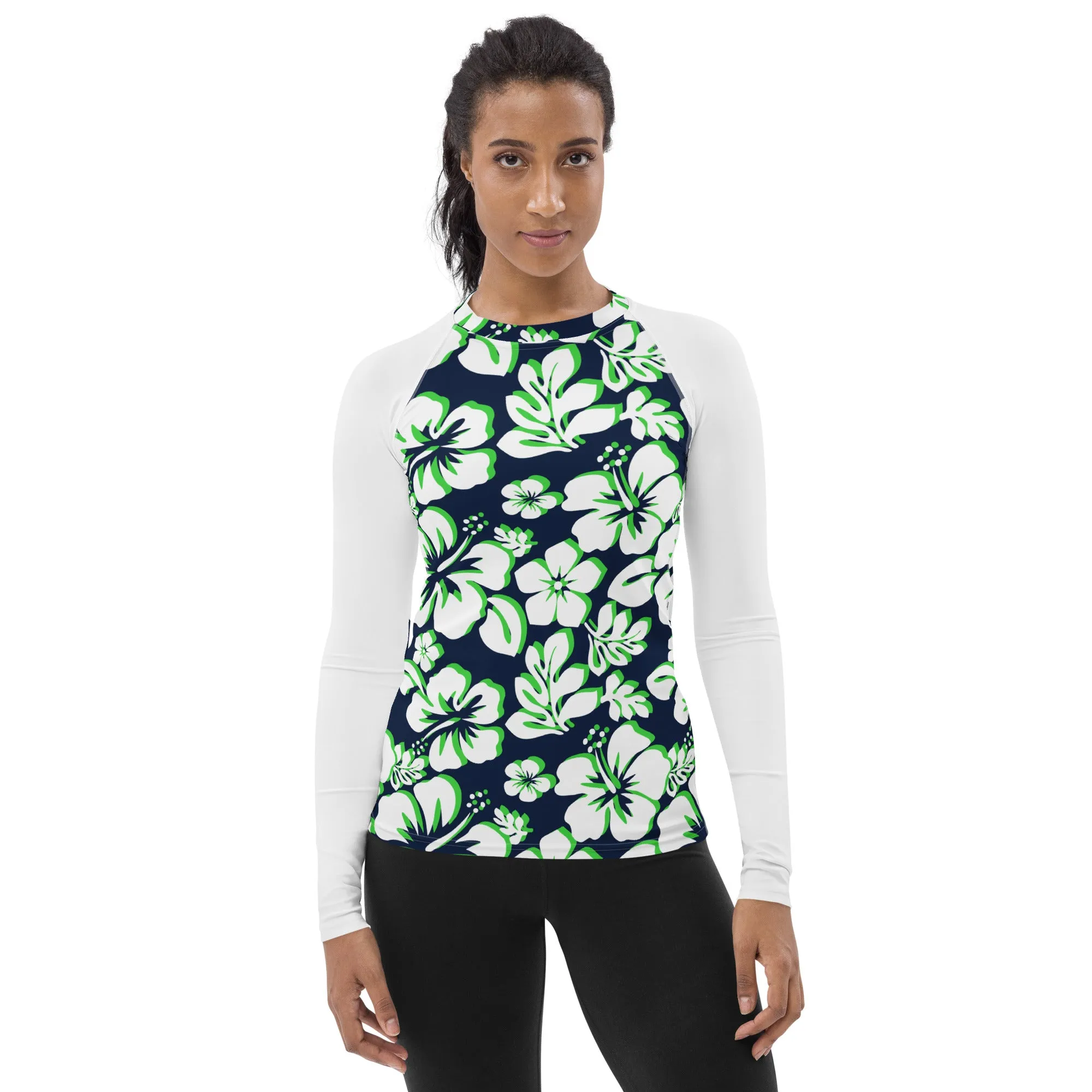 Navy Blue, Lime Green and White Hawaiian Print Women's Rash Guard with White Sleeves