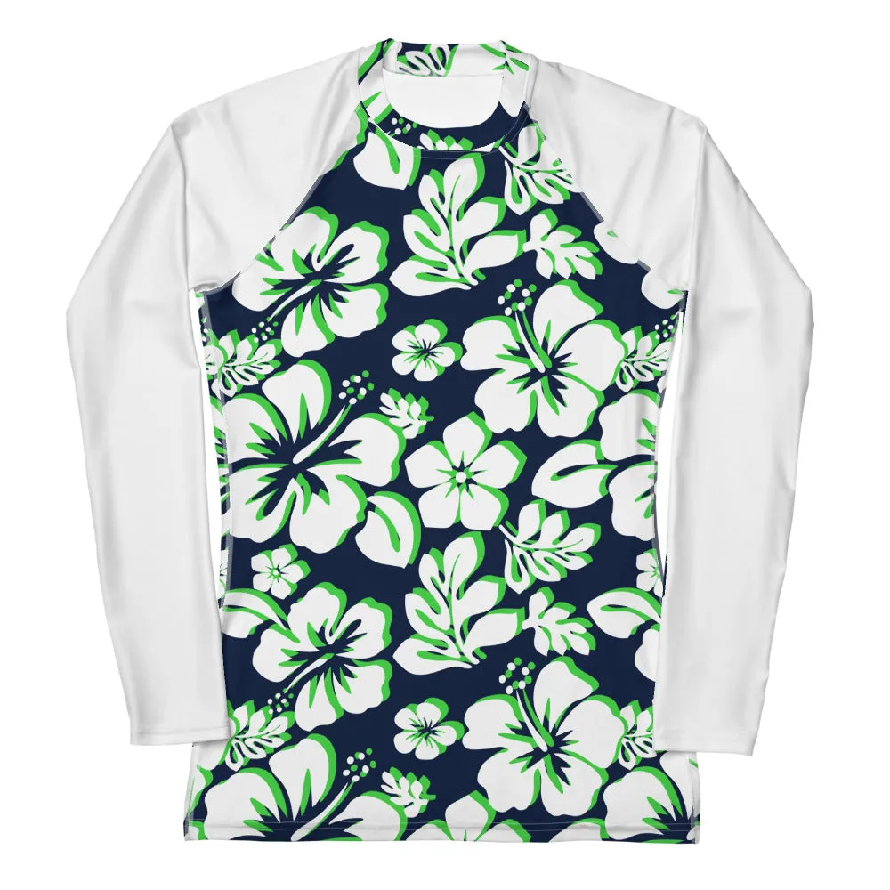 Navy Blue, Lime Green and White Hawaiian Print Women's Rash Guard with White Sleeves