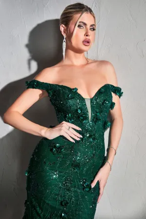 Off-shoulder V-neck gown w/ open back, mermaid silhouette & shimmering fabric for prom & bridesmaid