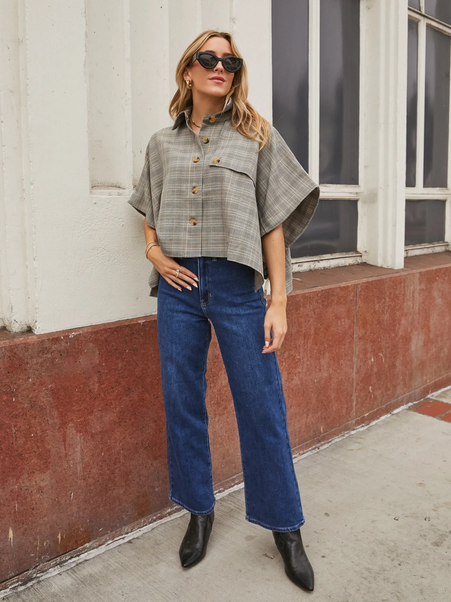 On the Town Plaid Cape Top