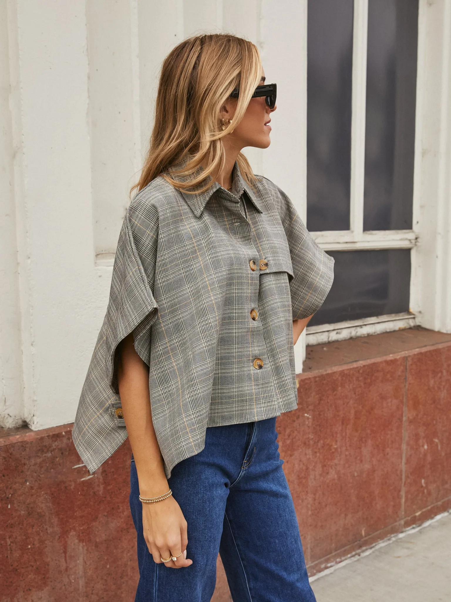 On the Town Plaid Cape Top
