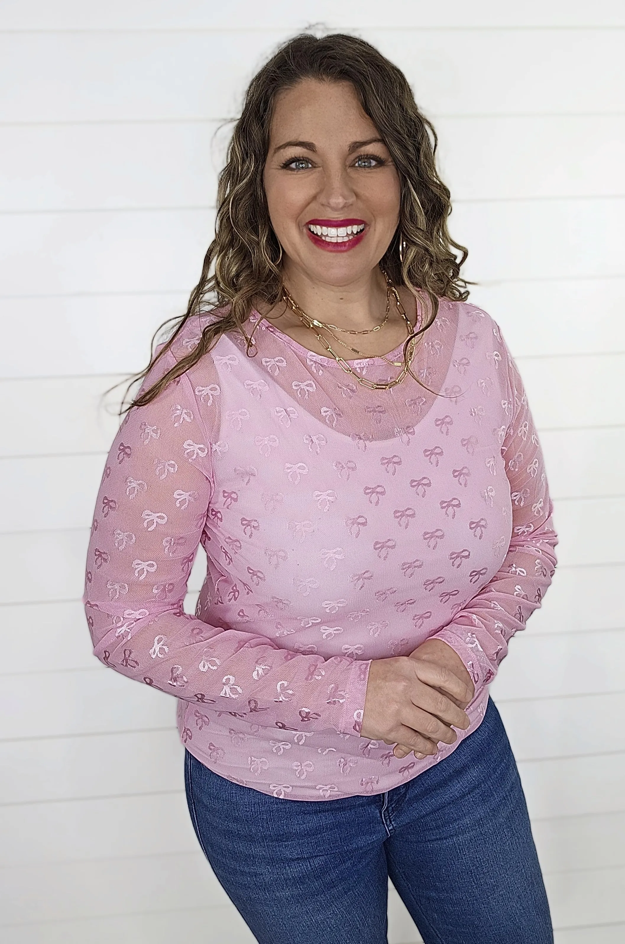 PINK BOW MESH TOP
