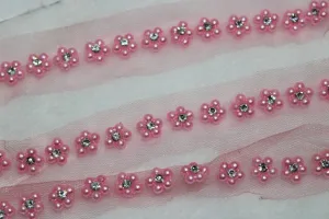 Pink Floral Handwork Pearl Work Embroidered Border