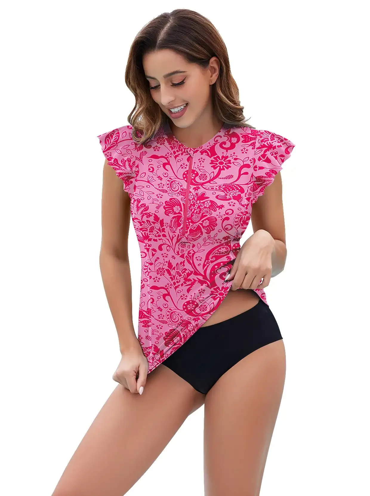 Pink Floral Quarter-zip Ruffled Sleeveless Rash Guard For Women