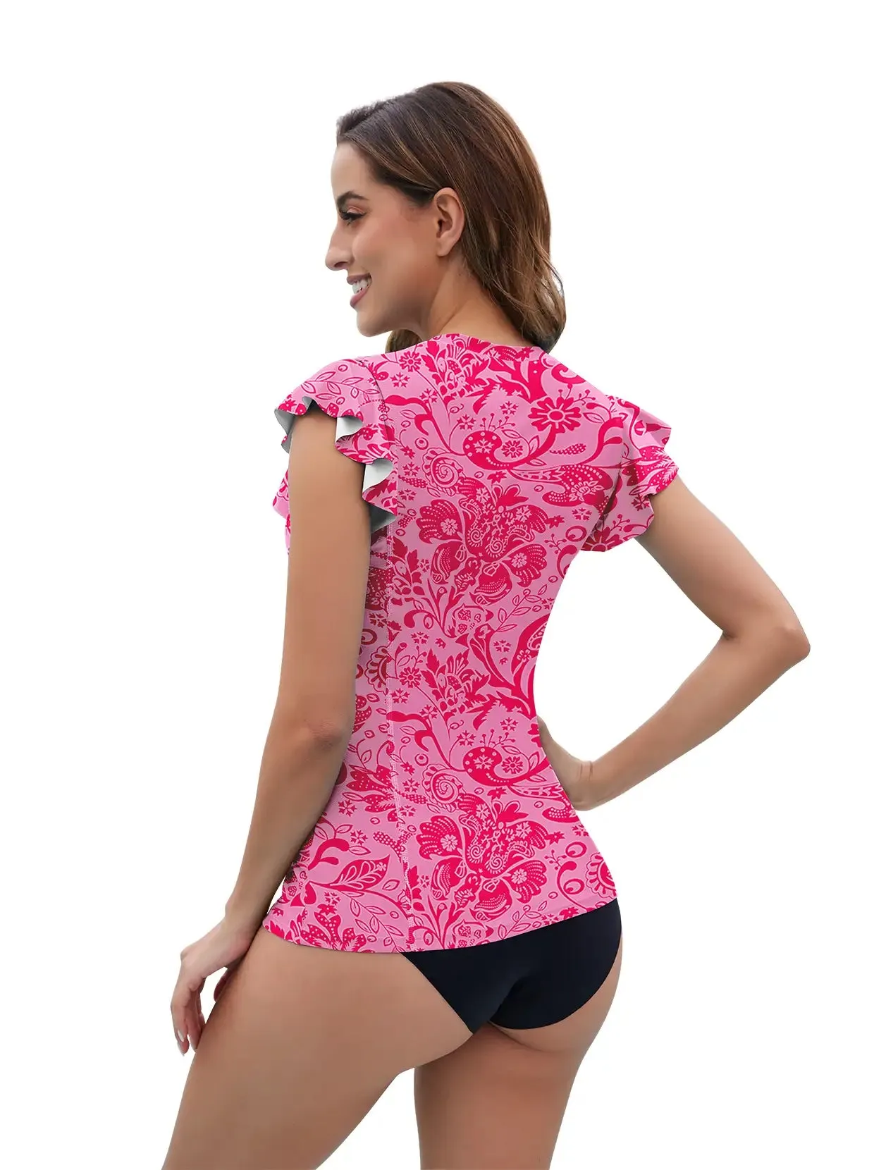 Pink Floral Quarter-zip Ruffled Sleeveless Rash Guard For Women