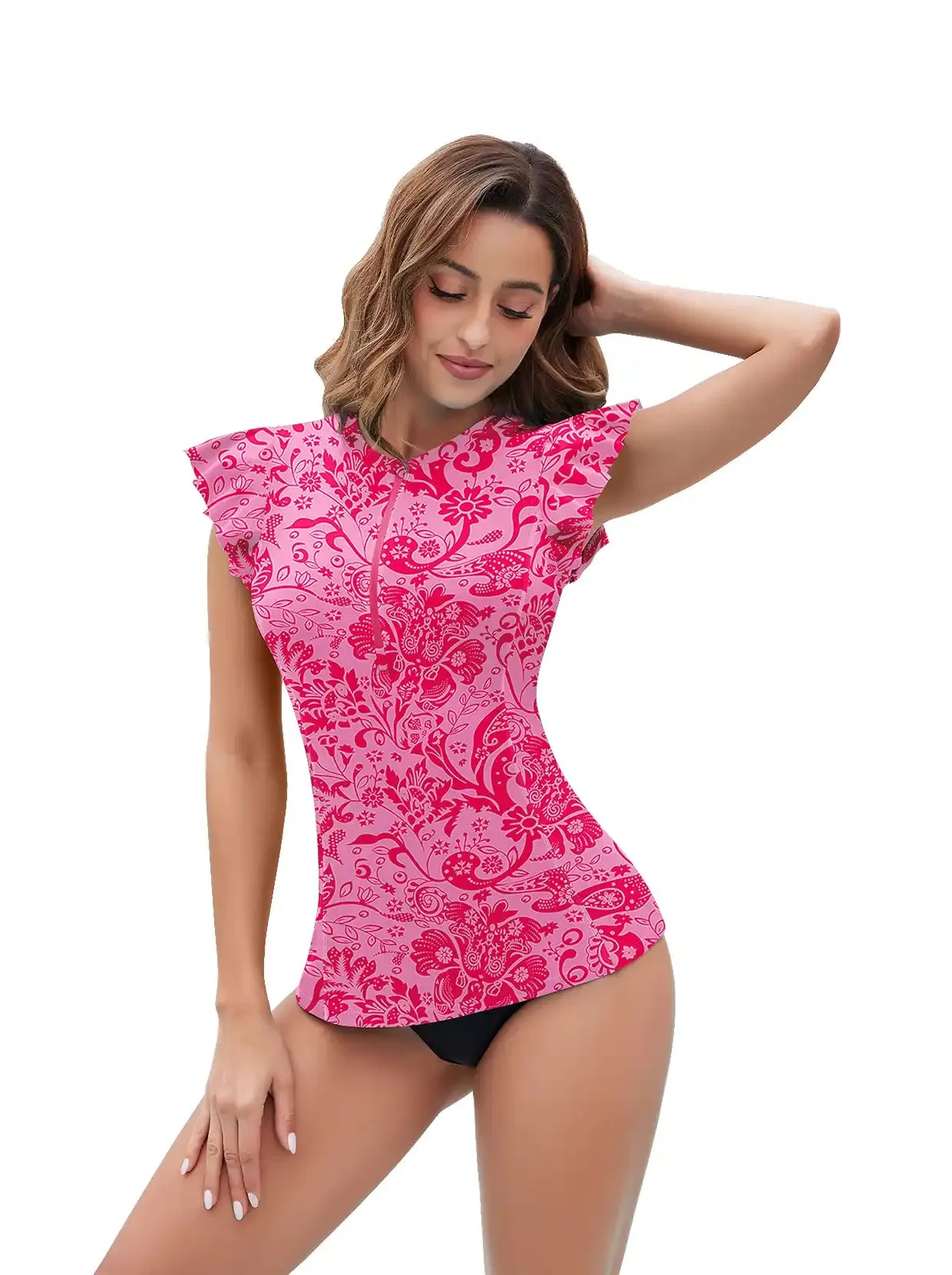 Pink Floral Quarter-zip Ruffled Sleeveless Rash Guard For Women