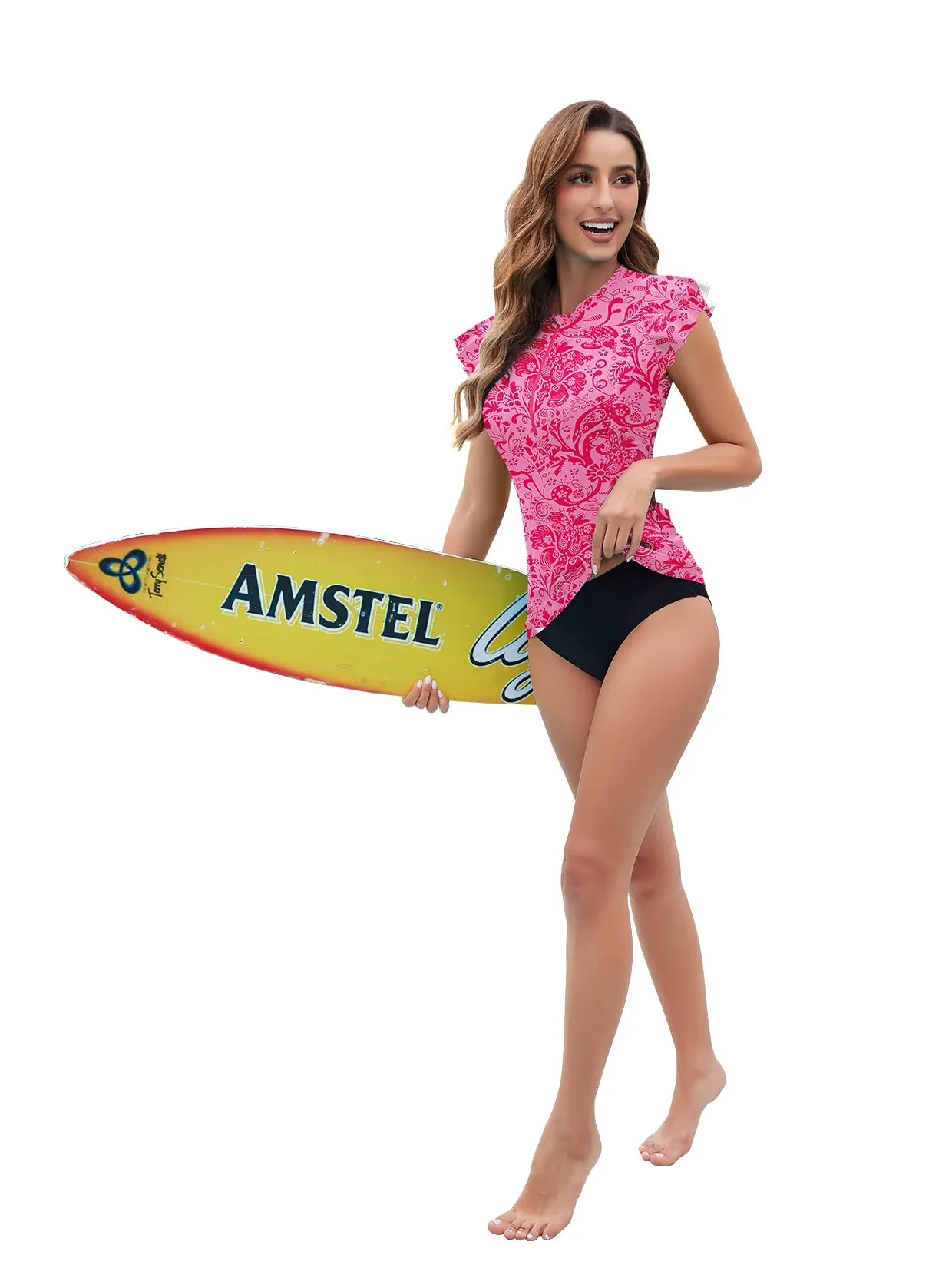 Pink Floral Quarter-zip Ruffled Sleeveless Rash Guard For Women