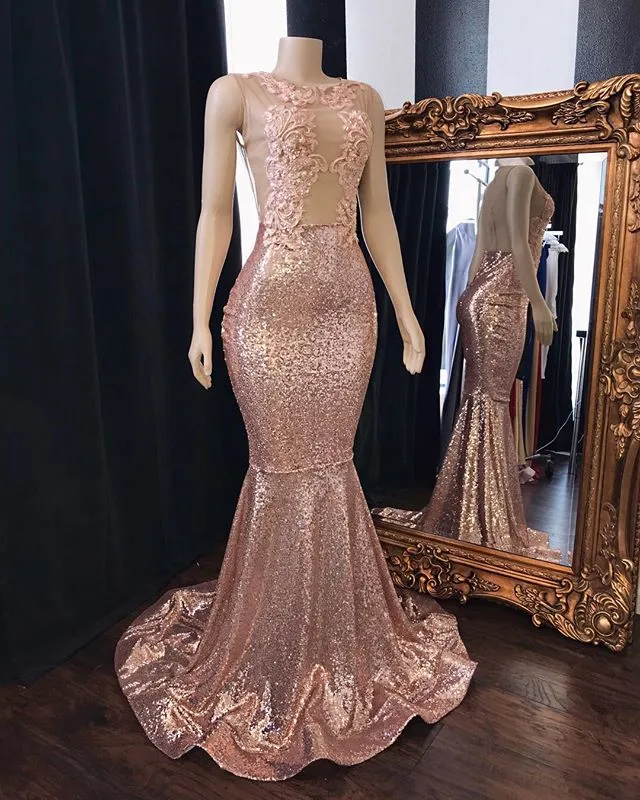Pink Sequins Mermaid Prom Dresses Long Tulle Backless Evening Gowns
