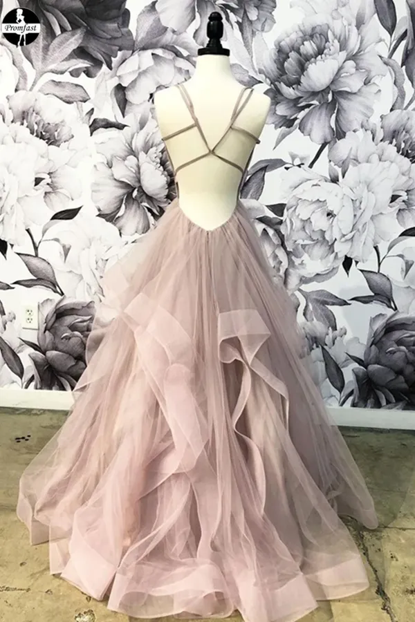 Promfast Open Back Dusty Pink Long Prom Dress Simple Ball Gowns Unique Prom Dress Long Evening Gowns PFP1978