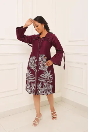 Purple Embroidered A Line Shirt Dress