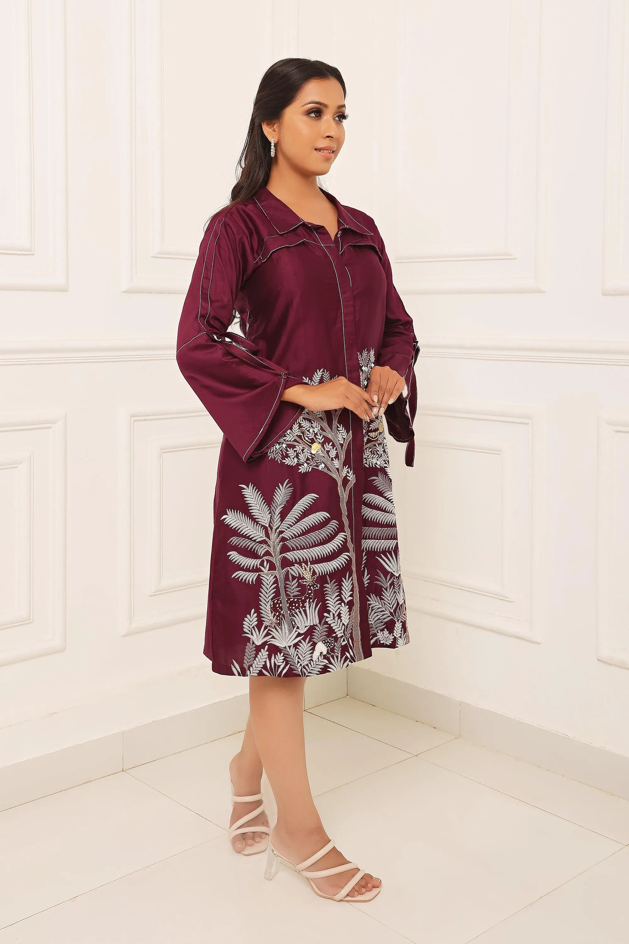 Purple Embroidered A Line Shirt Dress