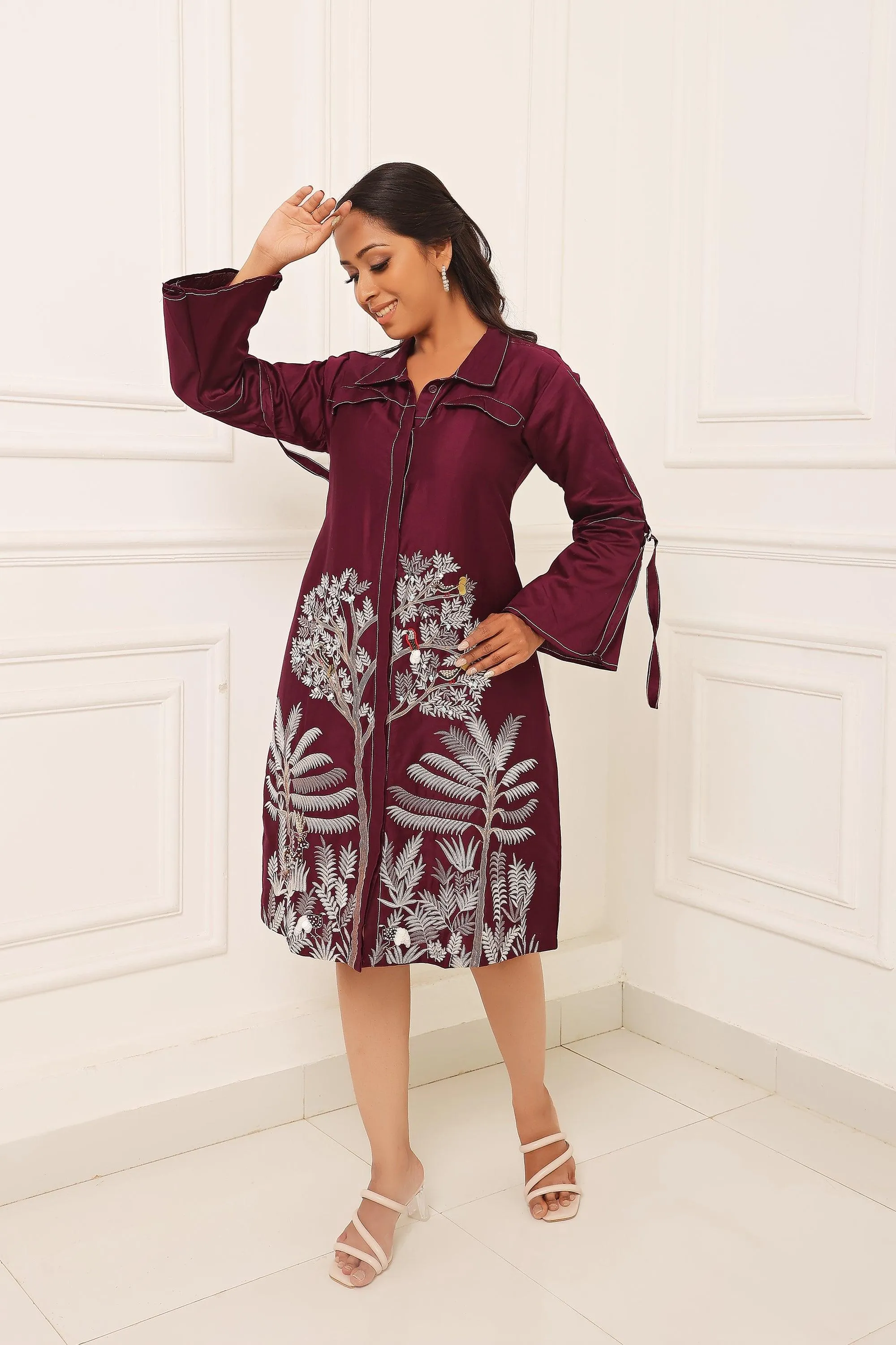 Purple Embroidered A Line Shirt Dress