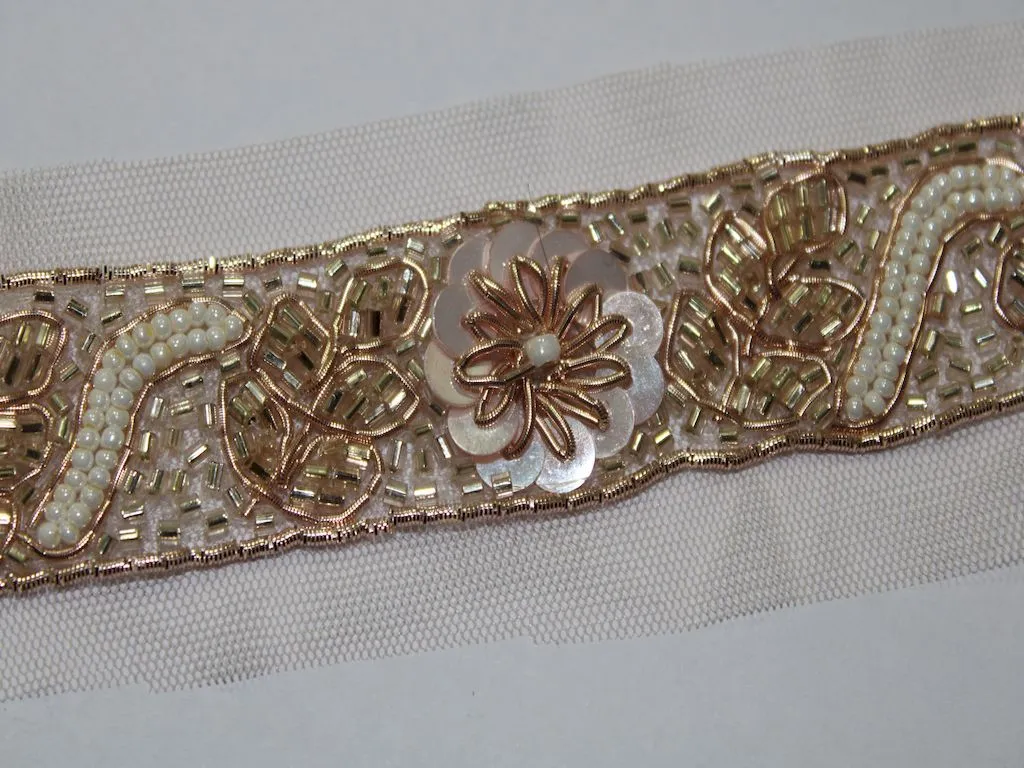 Rose Golden Sequins and Beads Handwork Embellished Embroidered Border