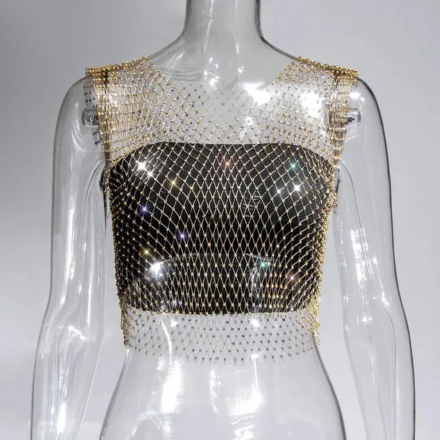 Sexy Mesh See Through Vest Rhinestone Fishnet Tops