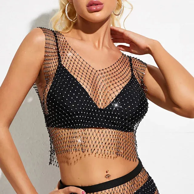 Sexy Mesh See Through Vest Rhinestone Fishnet Tops