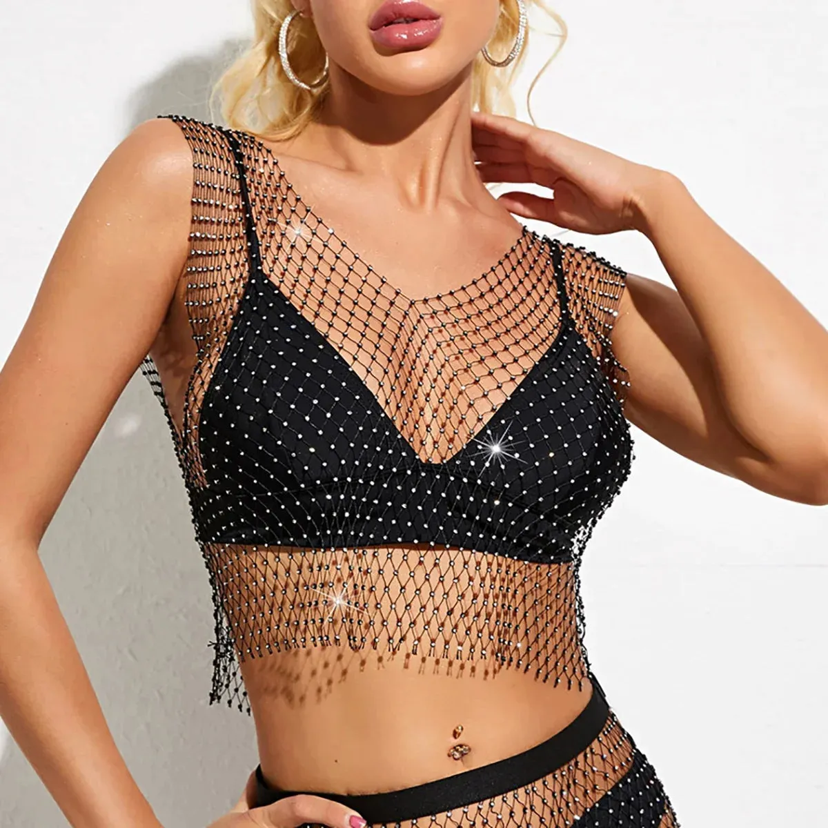 Sexy Mesh See Through Vest Rhinestone Fishnet Tops