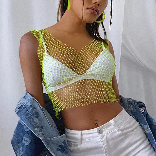 Sexy Mesh See Through Vest Rhinestone Fishnet Tops