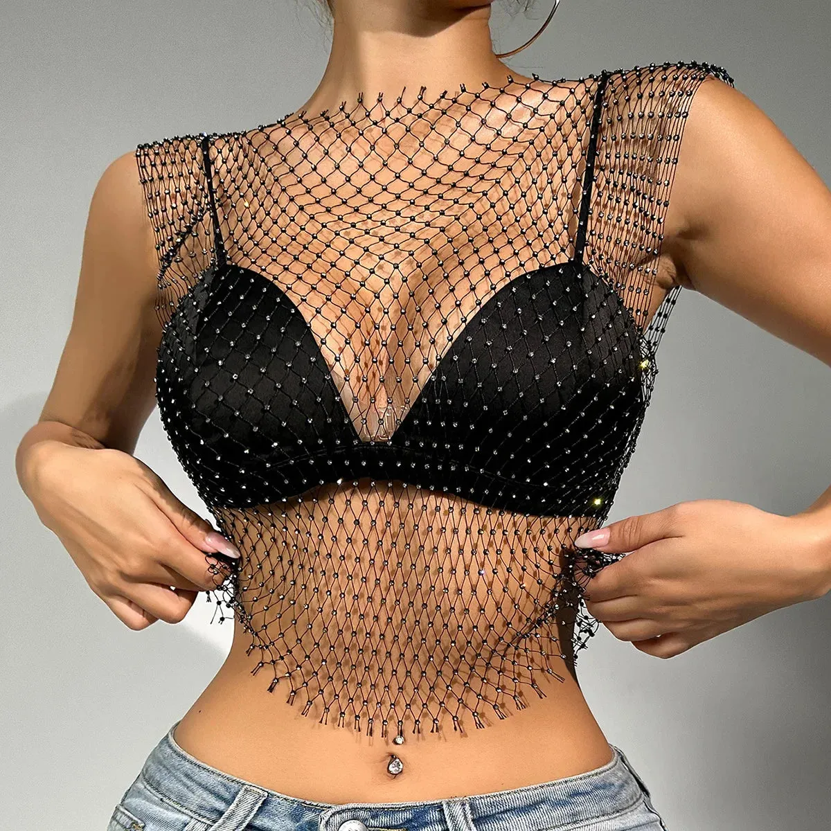 Sexy Mesh See Through Vest Rhinestone Fishnet Tops
