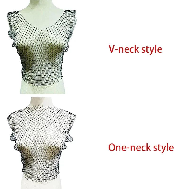 Sexy Mesh See Through Vest Rhinestone Fishnet Tops