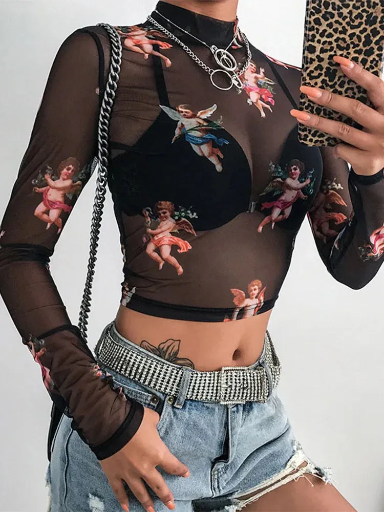 Sexy See Through Mesh Tops Long Sleeve Top