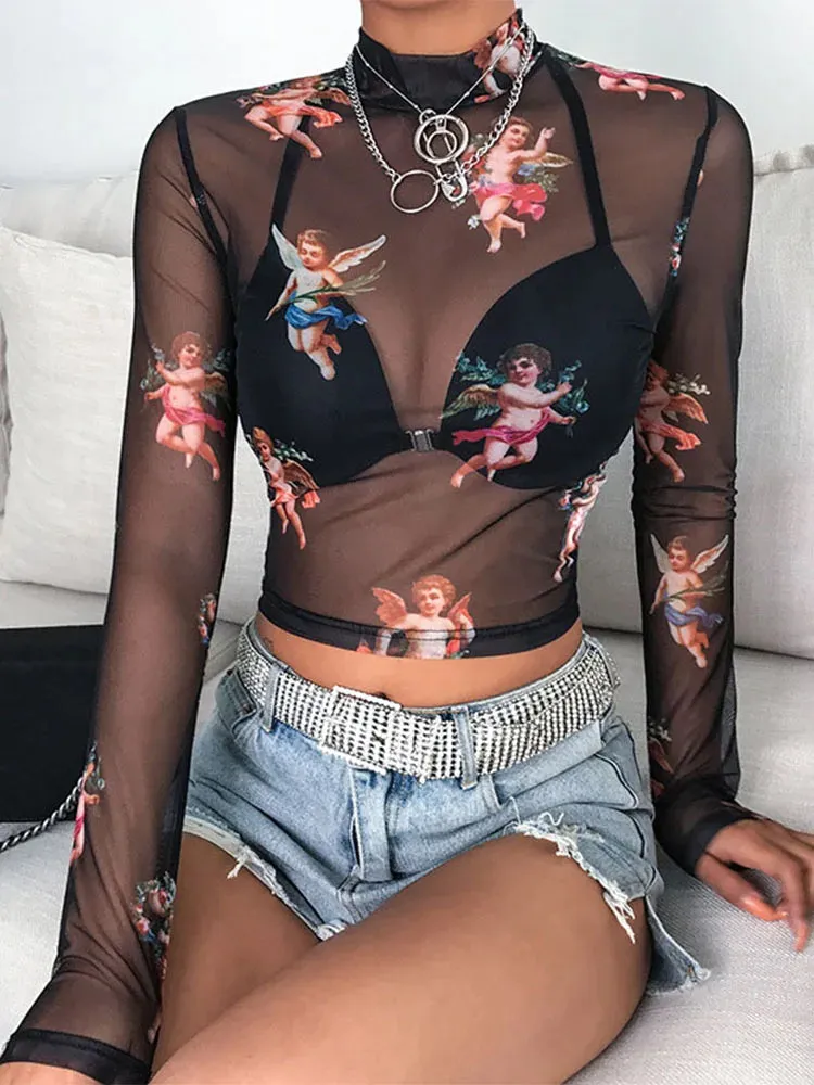 Sexy See Through Mesh Tops Long Sleeve Top
