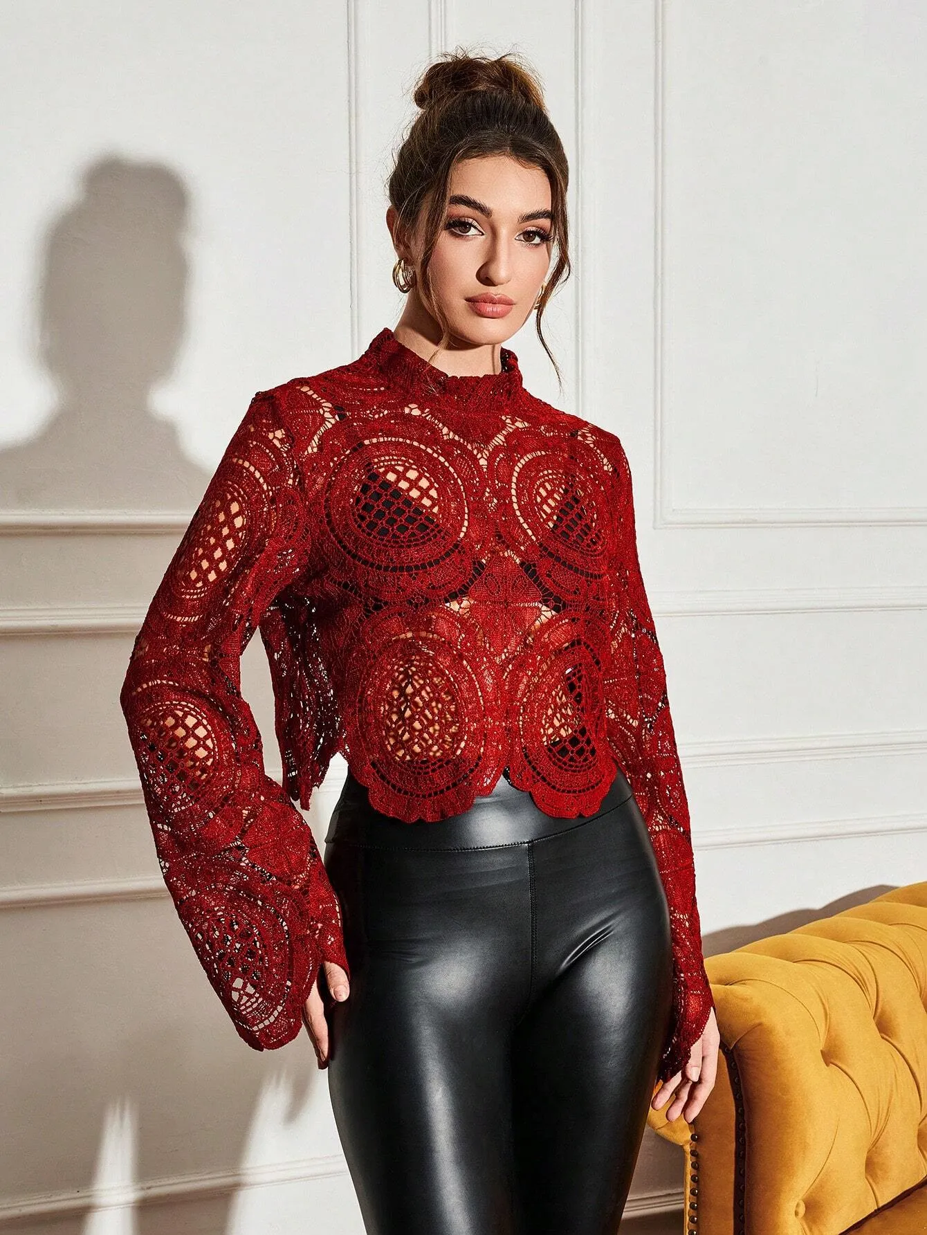 SHEIN Allurite Burgundy Sexy Cut Out Lace See-Through Flare Sleeve Four Seasons Knit Women's Blouse, Haute Women Tops,Fitted Elegant Crew Neck Tops