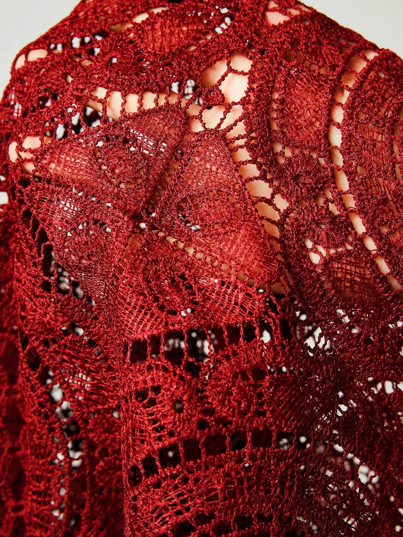 SHEIN Allurite Burgundy Sexy Cut Out Lace See-Through Flare Sleeve Four Seasons Knit Women's Blouse, Haute Women Tops,Fitted Elegant Crew Neck Tops