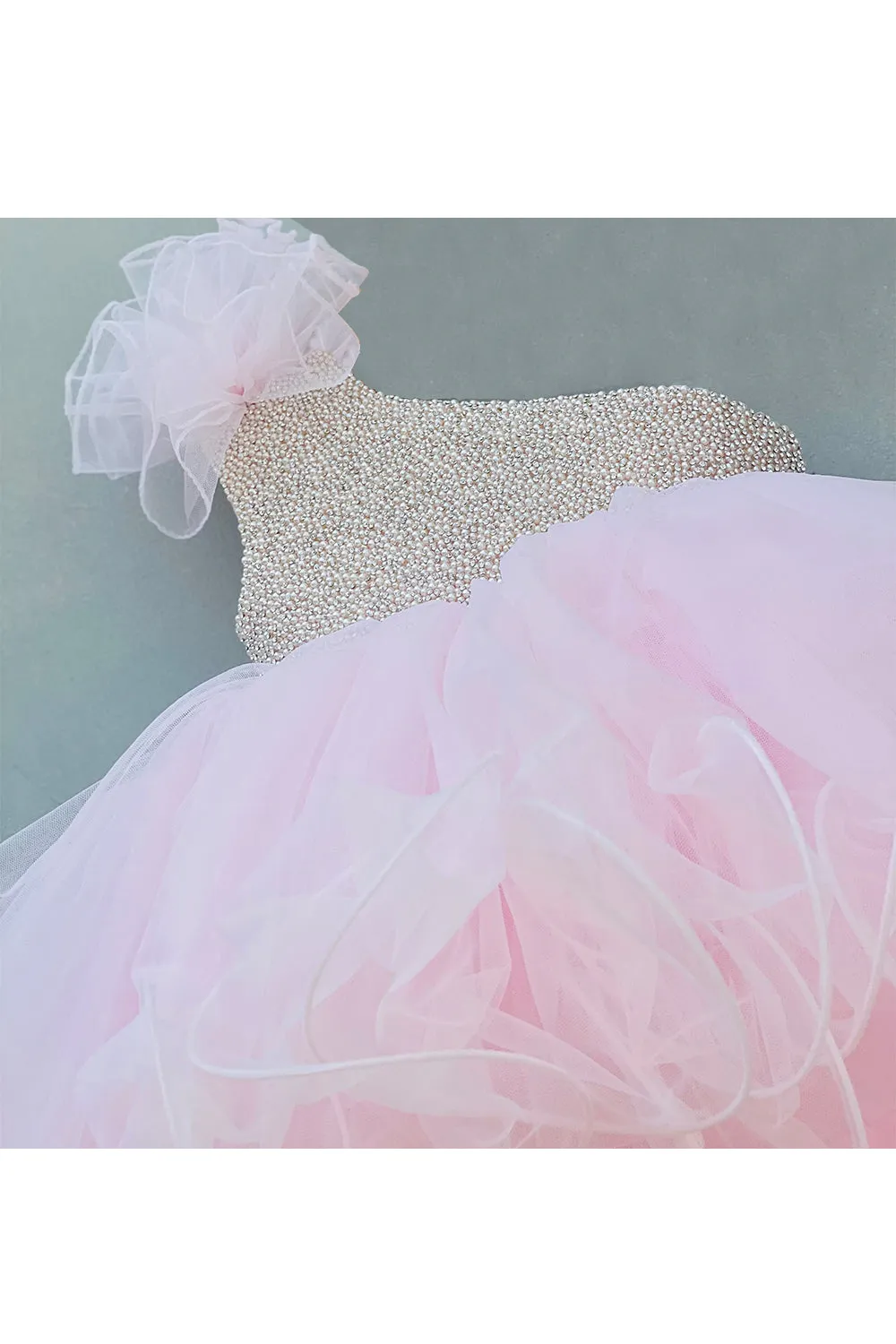 Silver pearl work with pink high low flare gown