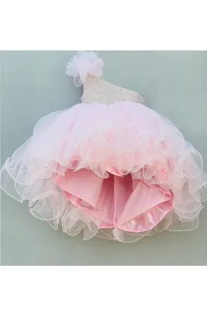 Silver pearl work with pink high low flare gown