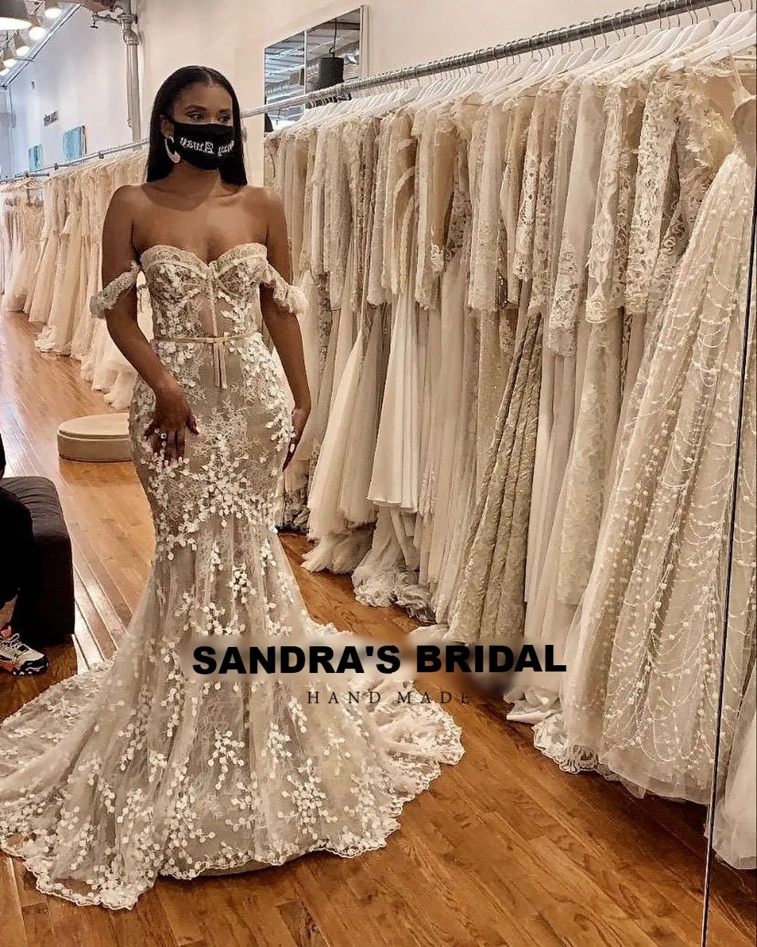 SOLD OUT -Elegant Mermaid  Off the Shoulder Sweetheart Full Lace Wedding Dress