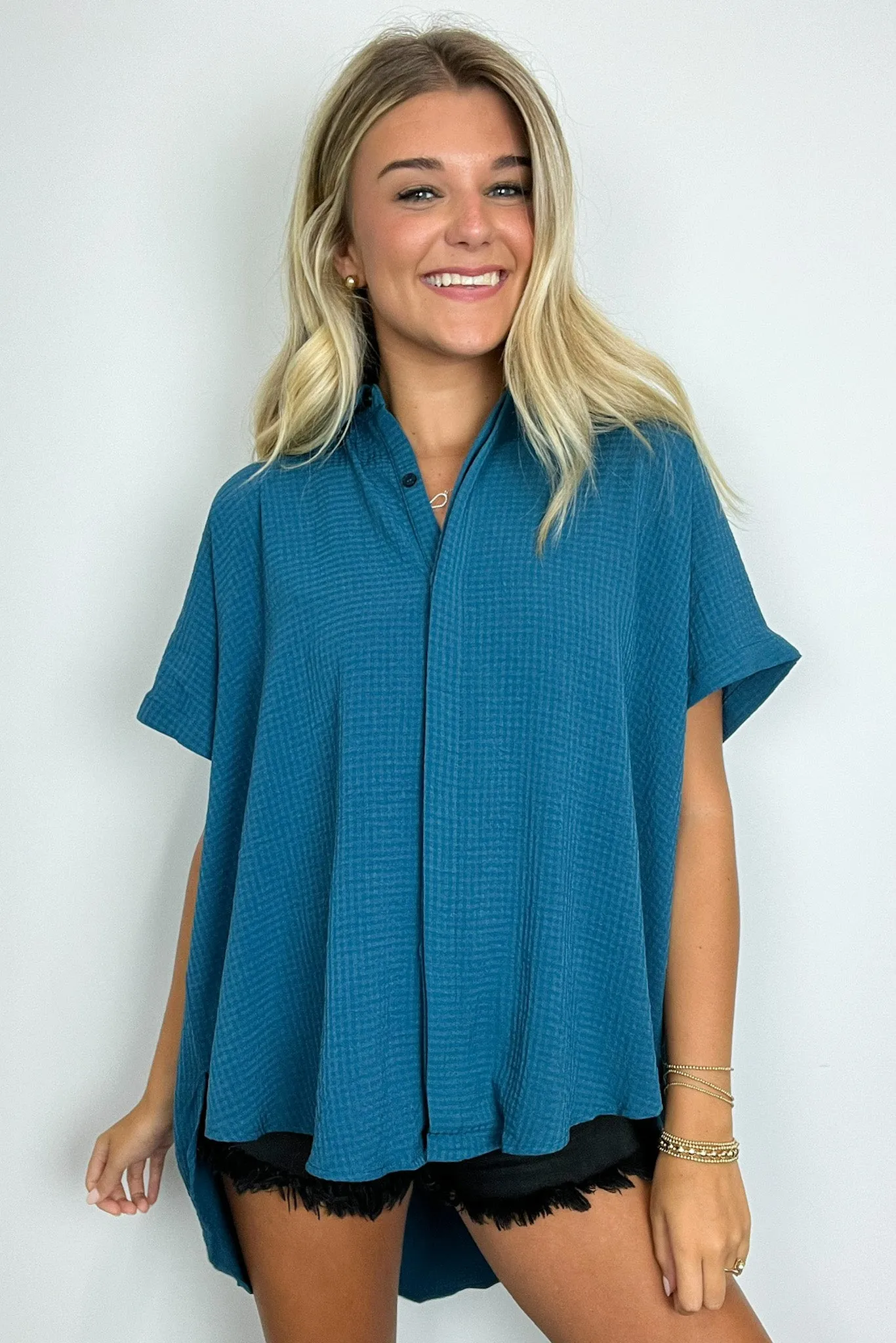 Soliene Textured Short Sleeve Button Down Top - FINAL SALE
